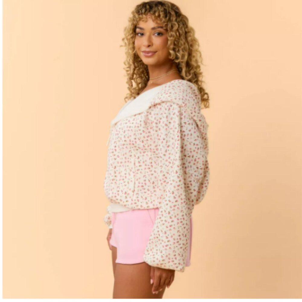 Blogilates Women's Marshmallow Full Zip Hooded Sweatshirt - Cream Floral - M - Picture 2 of 4
